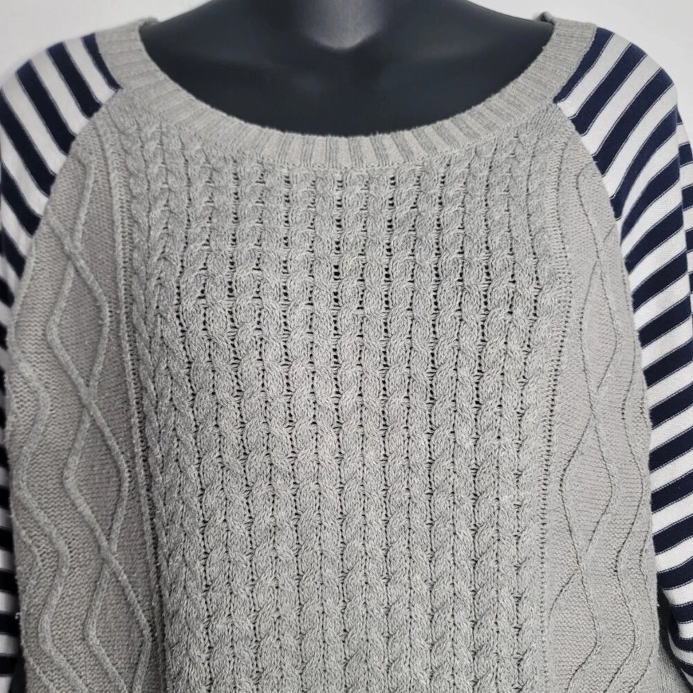 Crown & Ivy Womens Cable Knit Sweater Shirt Size XL Long Sleeves Gray Navy White